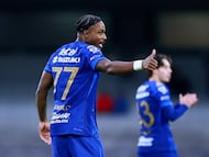 Soccer Football - Liga MX - Pumas UNAM v Monterrey - Estadio Olimpico Universitario, Mexico City, Mexico - February 22, 2026 Pumas UNAM's Alvaro Angulo celebrates scoring their second goal REUTERS/Eloisa Sanchez
