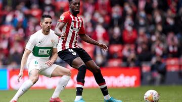 Inaki Williams of Athletic Club competes for the ball with Pedro Bigas of Elche CF during the Spanish league match of La Liga between, Athletic Club and Elche CF at San Mames on April 3, 2022, in Bilbao, Spain.
AFP7
03/04/2022 ONLY FOR USE IN SPAIN