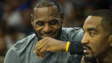 Nov 5, 2016; Philadelphia, PA, USA; Cleveland Cavaliers forward LeBron James (L) shares a lighter moment with guard J.R. Smith (R) during the second quarter against the Philadelphia 76ers at Wells Fargo Center. The Cleveland Cavaliers won 102-101. Mandatory Credit: Bill Streicher-USA TODAY Sports