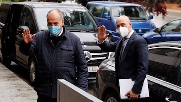 President of the Spanish Soccer Federation (RFEF), Luis Rubiales (d), and President of LaLiga, Javier Tebas (L), arrive to meet with President of Spanish Superior Sports Council (CSD), Irene Lozano (not pictured), to sign an agreement to create a Good Beh