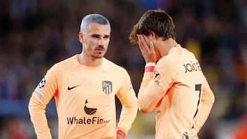 BRUGGE, BELGIUM - OCTOBER 4: Antoine Griezmann of Atletico Madrid Joao Felix of Atletico Madrid  during the UEFA Champions League  match between Club Brugge v Atletico Madrid at the Jan Breydel Stadium on October 4, 2022 in Brugge Belgium (Photo by Angelo Blankespoor/Soccrates/Getty Images)