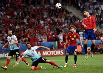 Alvaro Morata heads in the opening goal after a beautiful ball in from strike partner Nolito.