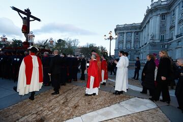 La Reina Doña Sofía, la infanta Cristina e Irene de Grecia participan en la Procesión del Cristo de los Alabarderos, en Madrid (España).