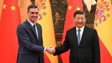 Chinese President Xi Jinping and Spanish Prime Minister Pedro Sanchez shake hands in Beijing, China, March 31, 2023. Moncloa Palace/Borja Puig de la Bellacasa/Handout via REUTERS. THIS IMAGE HAS BEEN SUPPLIED BY A THIRD PARTY. MANDATORY CREDIT. NO RESALES. NO ARCHIVES.