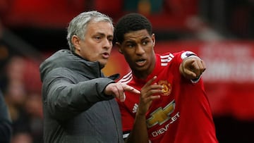 Manchester United manager Jose Mourinho gives instructions to Marcus Rashford  