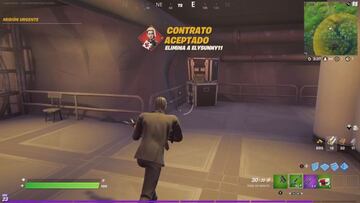 Aceptamos un contrato. El juego nos enseñará el retrato del skin que está usando el jugador a eliminar