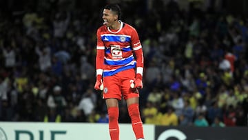 Cruz Azul's Colombian goalkeeper #23 Kevin Mier gestures as he celebrates during the CONCACAF Champions Cup quarterfinals second leg football match between Mexico's Cruz Azul and Mexico's America at the University Olympic Stadium Mexico city on April 8, 2025. (Photo by Victor Cruz / AFP)