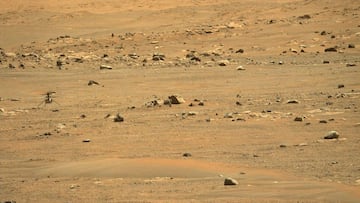 This NASA photo obtained May 10, 2021 shows NASA's Ingenuity Mars Helicopter viewed after landing on May 7, 2021, by the Mastcam-Z imager, one of the instruments aboard the agency's Perseverance rover. - The helicopter ascended to a new height record of 33 feet (10 meters) and flew 424 feet (129 meters) to a new landing site. This was the helicopter's fifth flight, and the first time the helicopter made a one-way flight. It was airborne a total of 108 seconds. A key objective for Perseverance's mission on Mars is astrobiology, including the search for signs of ancient microbial life. The rover will characterize the planet's geology and past climate, pave the way for human exploration of the Red Planet, and be the first mission to collect and cache Martian rock and regolith (broken rock and dust). (Photo by Handout / various sources / AFP) / RESTRICTED TO EDITORIAL USE - MANDATORY CREDIT "AFP PHOTO / NASA/JPL-Caltech/HANDOUT" - NO MARKETING - NO ADVERTISING CAMPAIGNS - DISTRIBUTED AS A SERVICE TO CLIENTS