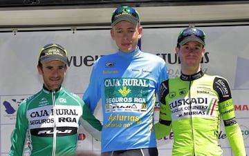 El corredor británico Hugh Carthy (Caja Rural Seguros RGA) (c) junto a los españoles Sergio Pardilla (i) (Caja Rural Seguros RGA) y Garikoitz Bravo Oiarbide (Euskadi Murias).