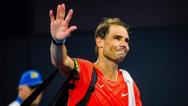 Spain's Rafael Nadal reacts as he leaves the court after his loss against Australia's Jordan Thompson at their men's singles match during the Brisbane International tennis tournament in Brisbane on January 5, 2024. (Photo by Patrick HAMILTON / AFP) / --IMAGE RESTRICTED TO EDITORIAL USE - STRICTLY NO COMMERCIAL USE--
