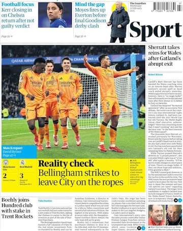 Portada del diario britnico 'The Guardian' tras la remontada y victoria del Real Madrid ante el Manchester City en Champions League con Jude Bellingham como protagonista.