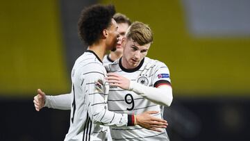 Soccer Football - UEFA Nations League - League A - Group 4 - Germany v Ukraine - Red Bull Arena, Leipzig, Germany - November 14, 2020 Germany's Leroy Sane celebrates scoring their first goal with Timo Werner REUTERS/Annegret Hilse
