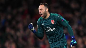 David Ospina celebrando el gol del Arsenal ante el Atlético de Madrid por la semifinal de Europa League