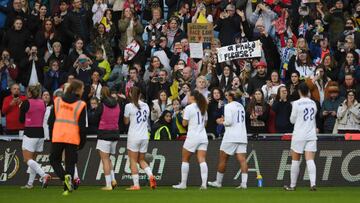 COVENTRY, ENGLAND - FEBRUARY 19: Fans show their support following the Arnold Clark Cup match between England and Italy at CBS Arena on February 19, 2023 in Coventry, England. (Photo by Harriet Lander - The FA/The FA via Getty Images)