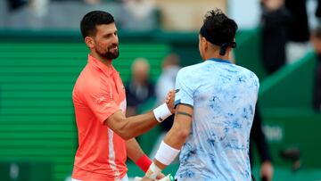 Tennis - ATP Masters 1000 - Monte Carlo Masters - Monte Carlo Country Club, Roquebrune-Cap-Martin, France - April 9, 2025 Chile's Alejandro Tabilo shakes hands with Serbia's Novak Djokovic after winning his round of 32 match REUTERS/Manon Cruz