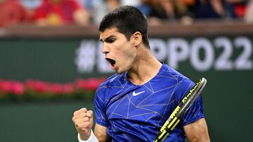 Mar 16, 2022; Indian Wells, CA, USA;  Carlos Alcaraz (ESP) celebrates defeating Gael Monfils (FRA) in his quarterfinal match at the BNP Paribas Open at the Indian Wells Tennis Garden. Mandatory Credit: Jayne Kamin-Oncea-USA TODAY Sports