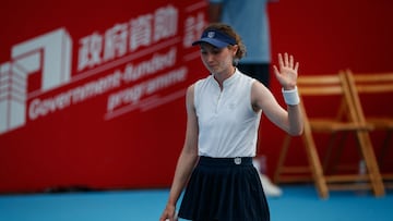 Spain's Cristina Bucsa gestures in her match against Victoria Mboko of Canada during the women's singles final of the Hong Kong Tennis Open in Hong Kong on November 2, 2025. (Photo by May James / AFP)
