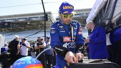 May 14, 2019; Speedway, IN, USA; IndyCar Series driver Fernando Alonso gets ready  during practice for the 103rd Running of the Indianapolis 500 at Indianapolis Motor Speedway. Mandatory Credit: Thomas J. Russo-USA TODAY Sports