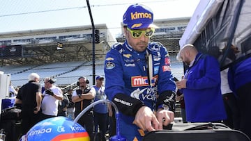 May 14, 2019; Speedway, IN, USA; IndyCar Series driver Fernando Alonso gets ready during practice for the 103rd Running of the Indianapolis 500 at Indianapolis Motor Speedway. Mandatory Credit: Thomas J. Russo-USA TODAY Sports