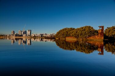 El SS Ayrfield se encuentra en el fondo poco profundo del puerto, con manglares creciendo sobre su casco oxidado. Construido en 1911, fue hundido en 1972 en la bahía de Homebush. Pasó de ser un barco flotante a un manglar flotante.