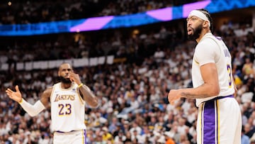 Apr 20, 2024; Denver, Colorado, USA; Los Angeles Lakers forward Anthony Davis (3) and  forward LeBron James (23) react during the first quarter against the Denver Nuggets in game one of the first round for the 2024 NBA playoffs at Ball Arena. Mandatory Credit: Andrew Wevers-USA TODAY Sports