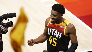 Jun 8, 2021; Salt Lake City, Utah, USA; Utah Jazz guard Donovan Mitchell (45) reacts after their win against the LA Clippers in game one in the second round of the 2021 NBA Playoffs. at Vivint Arena. Mandatory Credit: Jeffrey Swinger-USA TODAY Sports
