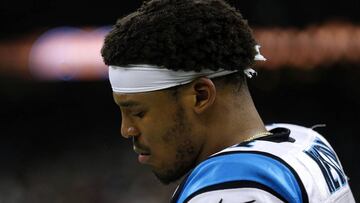 NEW ORLEANS, LA - JANUARY 07: Cam Newton #1 of the Carolina Panthers reacts during the second half of the NFC Wild Card playoff game against the New Orleans Saints at the Mercedes-Benz Superdome on January 7, 2018 in New Orleans, Louisiana. Jonathan Bac