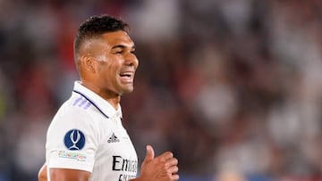 HELSINKI, FINLAND - AUGUST 10: Casemiro of Real Madrid looks on during the Real Madrid CF and Eintracht Frankfurt - UEFA Super Cup Final 2022 at on August 10, 2022 in Helsinki, Finland. (Photo by Gaston Szerman/DeFodi Images via Getty Images)