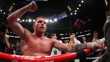 Sa&uacute;l &Aacute;lvarez celebrando su victoria ante Daniel Jacobs.