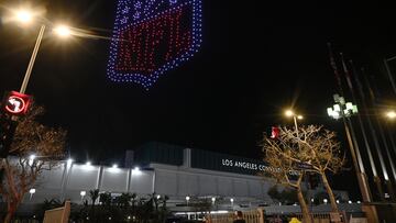 The National Football League (NFL) logo is seen over the Los Angeles Convention Center.