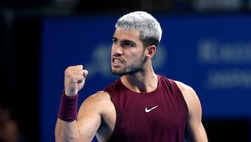 Tennis - ATP 500 - Japan Open Tennis Championships - Ariake Coliseum, Tokyo, Japan - September 27, 2025 Spain's Carlos Alcaraz reacts during his round of 16 match against Belgium's Zizou Bergs REUTERS/Manami Yamada