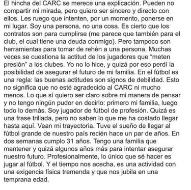 La carta de Fernando Zampedri que expone a Rosario Central