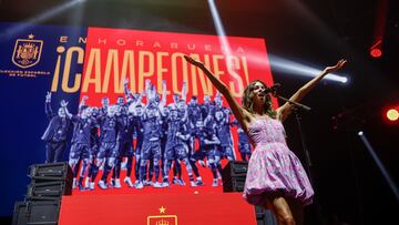 MADRID, 19/06/2023.- Actuación de Sofia Ellar durante el acto de celebración de la consecución por parte de la selección española de fútbol del título de la Liga de Naciones, tras vencer a Croacia en la tanda de penaltis, este lunes en el Wizink Center de Madrid. EFE/ Rodrigo Jiménez
