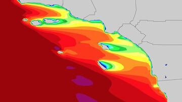 Previsi&oacute;n de oleaje (en rojo) en el sur de California (Estados Unidos) para los d&iacute;as 12 y 13 de enero del 2023. 