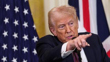 U.S. President Donald Trump attends a press conference with British Prime Minister Keir Starmer (not pictured) at the White House in Washington, D.C., U.S., February 27, 2025. REUTERS/Kevin Lamarque
