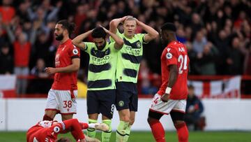 Manchester City's Erling Haaland and Ilkay Gundogan rue a missed chance during the Premier League match at the City Ground, Nottingham. Picture date: Saturday February 18, 2023. (Photo by Bradley Collyer/PA Images via Getty Images)