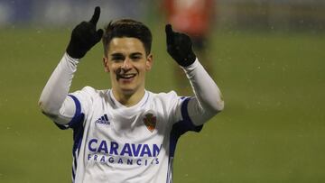 Sergio Bermejo celebra su primer gol con la camiseta del Real Zaragoza.