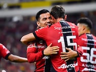 Paulo Ramirez celebrates his goal 1-0 with Aldo Rocha of Atlas during the 10th round match between Atlas and Guadalajara as part of the Liga BBVA MX Varonil, Torneo Clausura 2026 at Jalisco Stadium, on March 07, 2026 in Guadalajara, Jalisco, Mexico.