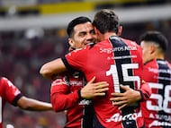 Paulo Ramirez celebrates his goal 1-0 with Aldo Rocha of Atlas during the 10th round match between Atlas and Guadalajara as part of the Liga BBVA MX Varonil, Torneo Clausura 2026 at Jalisco Stadium, on March 07, 2026 in Guadalajara, Jalisco, Mexico.