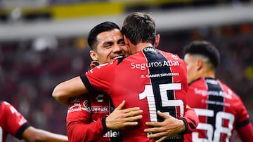 Paulo Ramirez celebrates his goal 1-0 with Aldo Rocha of Atlas during the 10th round match between Atlas and Guadalajara as part of the Liga BBVA MX Varonil, Torneo Clausura 2026 at Jalisco Stadium, on March 07, 2026 in Guadalajara, Jalisco, Mexico.