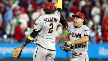 PHILADELPHIA, PENNSYLVANIA - OCTOBER 23: Geraldo Perdomo #2 and Alek Thomas #5 of the Arizona Diamondbacks celebrate after defeating the Philadelphia Phillies during Game Six of the Championship Series at Citizens Bank Park on October 23, 2023 in Philadelphia, Pennsylvania.   Elsa/Getty Images/AFP (Photo by ELSA / GETTY IMAGES NORTH AMERICA / Getty Images via AFP)