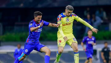 (L-R), Jose Rivero of Cruz Azul and Diego Valdes of America during the game Cruz Azul vs America, corresponding to Round 07 of the Torneo Apertura 2023 of the Liga BBVA MX, at Azteca Stadium, on September 02, 2023.
<br><br>
(I-D), Jose Rivero de Cruz Azul y Diego Valdes de America durante el partido Cruz Azul vs America, correspondiente a la Jornada 07 del Torneo Apertura 2023 de la Liga BBVA MX, en el Estadio Azteca, el 02 de Septiembre de 2023.