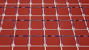 EUGENE, OREGON - JULY 17: A general view of hurdles prior to the Women's Heptathlon 100m Hurdles on day three of the World Athletics Championships Oregon22 at Hayward Field on July 17, 2022 in Eugene, Oregon.   Patrick Smith/Getty Images/AFP
== FOR NEWSPAPERS, INTERNET, TELCOS & TELEVISION USE ONLY ==