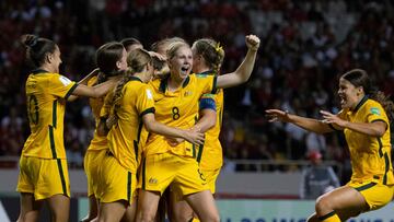 Australia midfielder Hana Lowry (3rd R) celebrates with teammates after scoring against Costa Rica during their Women's U-20 World Cup football match between Australia and Costa Rica at the National stadium in San Jose, Costa Rica, on August 10, 2022.