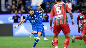 Soccer Football - Saudi Pro League - Al Hilal v Al Ettifaq - Kingdom Arena, Riyadh, Saudi Arabia - February 13, 2026 Al Hilal's Karim Benzema shoots at goal REUTERS/Stringer