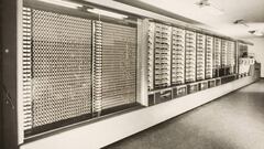 Photograph from the Mark I photo album (Lib.1964). Mark I (Automatic Sequence Controlled Calculator), complete view from the left, finished with Bel Geddes case. 