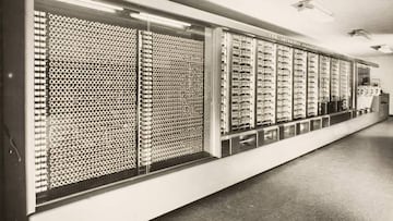 Photograph from the Mark I photo album (Lib.1964). Mark I (Automatic Sequence Controlled Calculator), complete view from the left, finished with Bel Geddes case. 