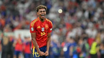 Spain's forward #19 Lamine Yamal celebrates at the end of the UEFA Euro 2024 semi-final football match between Spain and France at the Munich Football Arena in Munich on July 9, 2024. (Photo by MIGUEL MEDINA / AFP)