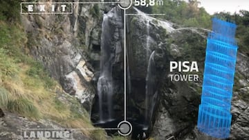 Gr&aacute;fico sobre el salto de r&eacute;cord del mundo en Cliff Diving de Lazaro Scheller en Suiza, en 2015, con la torre de pisa dibujada en azul para entender las dimensiones del mismo. 