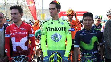 Purito Rodr&iacute;guez, Alberto Contador y Nairo Quintana posan antes de tomar la salida en una etapa de la Volta a Catalunya 2016.